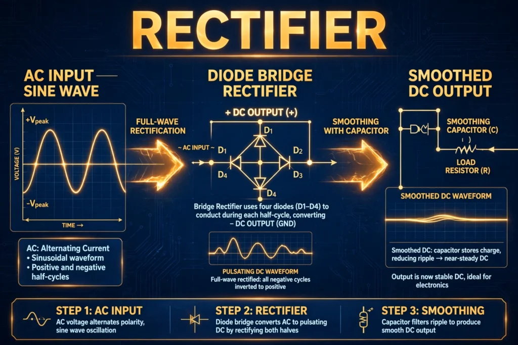 Rectifier illustration showing an AC sine wave converting to pulsating DC through a diode bridge circuit with capacitor smoothing