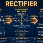 Rectifier illustration showing an AC sine wave converting to pulsating DC through a diode bridge circuit with capacitor smoothing