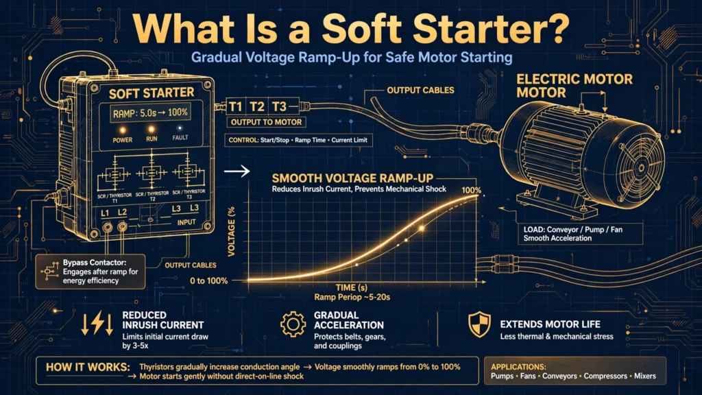 Soft starter device illustration showing voltage ramp waveform and connection to a three-phase motor