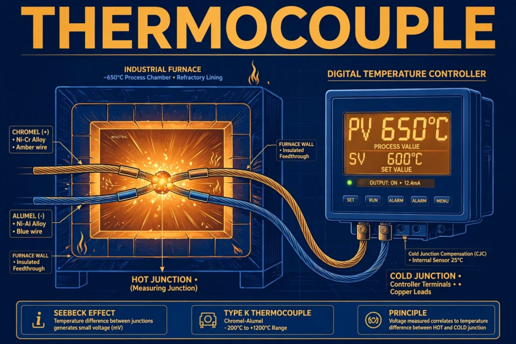 Thermocouple illustration showing two dissimilar metal wires joined at a glowing hot junction connected to a digital temperature controller