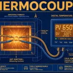 Thermocouple illustration showing two dissimilar metal wires joined at a glowing hot junction connected to a digital temperature controller